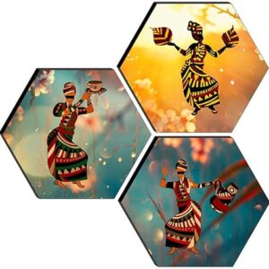Set of 3 Hexagon Modern Art Dancing MDF Board UV Textured Abstract Painting, Multicolour, 17 Inch X 17 Inch