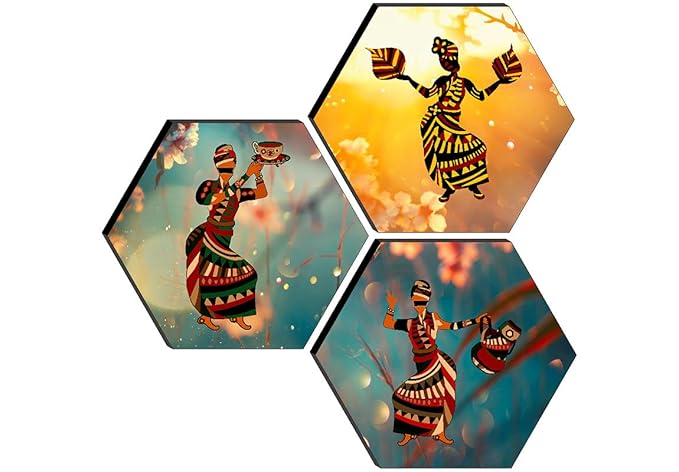 Set of 3 Hexagon Modern Art Dancing MDF Board UV Textured Abstract Painting, Multicolour, 17 Inch X 17 Inch