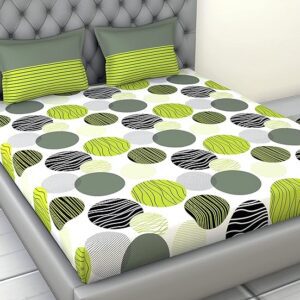 A QUALITY LINEN BRAND 100% Pure Cotton Bedsheet for Double Bed, 144TC Soft & Breathable Double Bed Bedsheet with 2 Pillow Covers (Green and Grey Black Circle, 84 x 94 Inches)