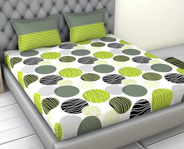 A QUALITY LINEN BRAND 100% Pure Cotton Bedsheet for Double Bed, 144TC Soft & Breathable Double Bed Bedsheet with 2 Pillow Covers (Green and Grey Black Circle, 84 x 94 Inches)