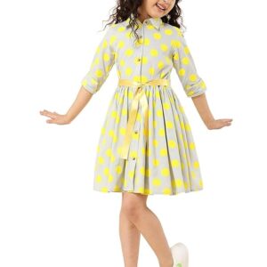 Girls Off White Polka Dot Cotton Knee Length Shirt Dress | Full Sleeve Collar Neck Dress
