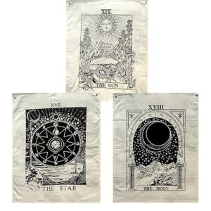 Tarot Flag Tapestry- Small Tarot Card Europe Mysterious Medieval Tapestry, The Sun, The Moon, The Star Astrology Divination Tapestry for Home Room Set of 3 (Sun Moon Star)