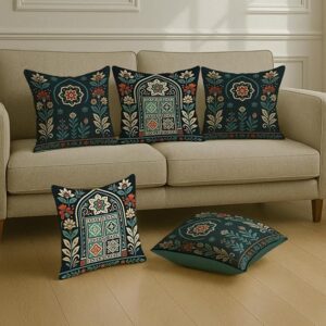 Satin Cushion Covers Pack of 5 Rajasthani Haveli Door & Floral Arch Design, 16x16 Inch, Black Ethnic Decor for Sofa, Living Room & Festive Styling