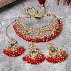 Gold Plated Red Kundan & Beads Floral Choker Necklace Set With Earring And Maangtika | Jewellery Set For Women (NS105482)