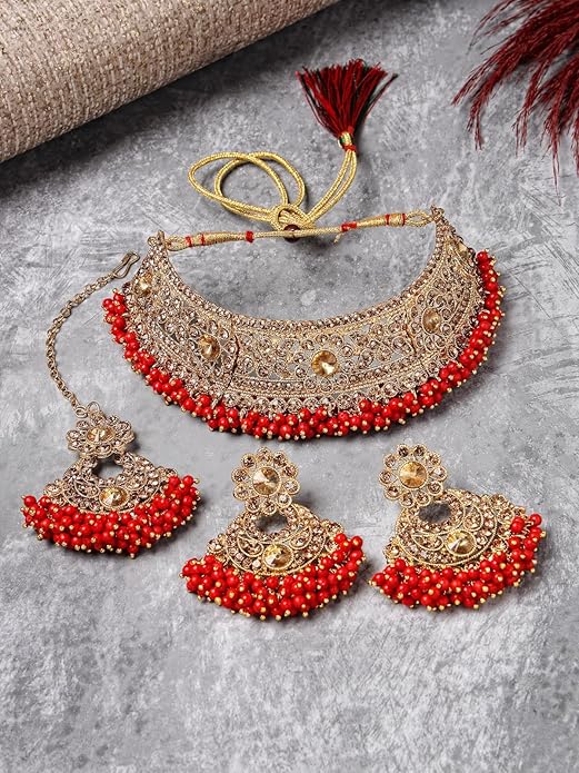 Gold Plated Red Kundan & Beads Floral Choker Necklace Set With Earring And Maangtika | Jewellery Set For Women (NS105482)