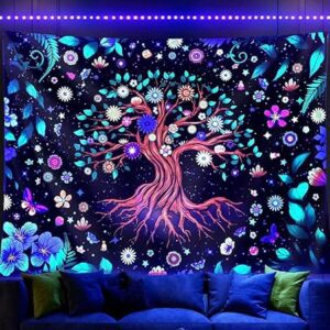 Ultraviolet Rays Illuminating Tree of Life Tapestry, Fantastic Flowers Tapestry, UV Reactive Black Light Tapestries Posters Wall Hanging for Bedroom Dorm Living Room Decor (51inch x 59inch)
