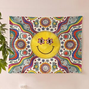 Bohemian Smiley Face Wall Hanging Tapestry - 100% Cotton, 36x42 inches - Vibrant Home Decor with Yellow Smiles and Flowery Eyes