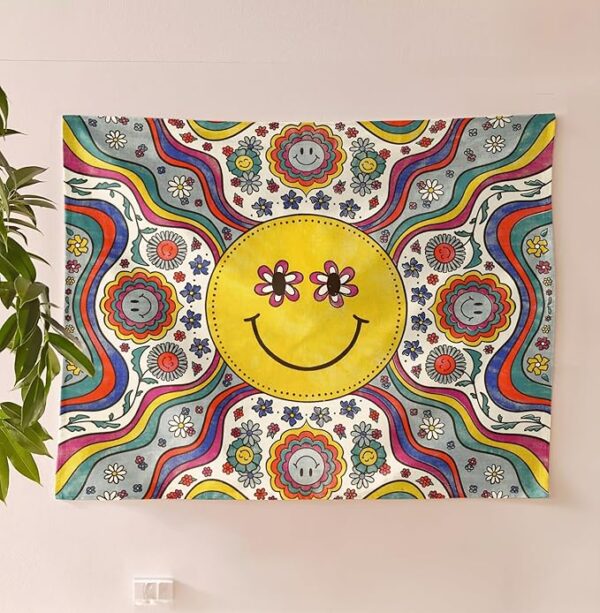 Bohemian Smiley Face Wall Hanging Tapestry - 100% Cotton, 36x42 inches - Vibrant Home Decor with Yellow Smiles and Flowery Eyes