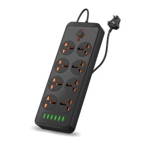 Power Plate 7 with 6 USB Port + 8 Power Sockets Power Strip Extension Board with 2500W, 3Mtr Cord Length, 2.1A USB Output(Black), 250 Volts