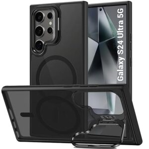 Hybrid ShockProof Back Cover Case for Samsung Galaxy S24 Ultra 5G | Hard Case for Samsung S24 Ultra(PC & TPU, MagSafe Compatible, Built-In Stand, Translucent Smoke Matte Back, Black Sides)