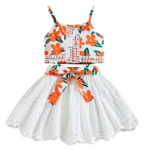 Girls Polyester Floral Print Slim Fit Blouse and Skirt Set in Orange Color