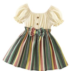 Toddler Girls Striped Print Puff Sleeve Bow Front Dress || Stripe Pattern Dress for Kids || A Line Dress || Puff Sleeve Dress for Kids || Casual Dress (KD-202)