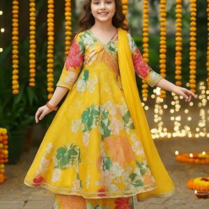 Girls Rayon Fabric Floral Printed 3/4 Sleeve Sharara Dress Set For All Occasion salwar suit