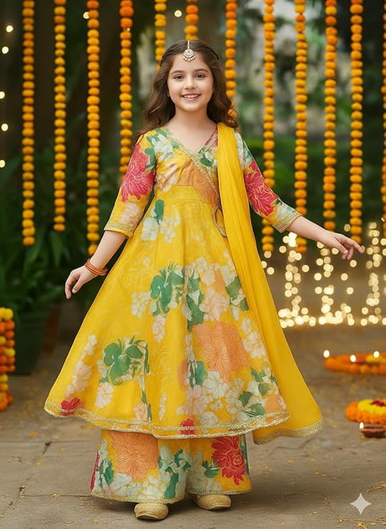 Girls Rayon Fabric Floral Printed 3/4 Sleeve Sharara Dress Set For All Occasion salwar suit