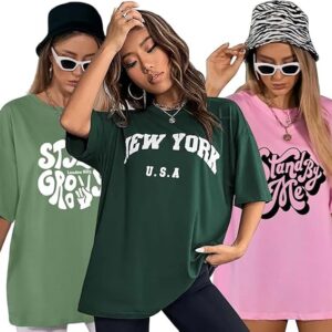 Women's Cotton Oversized Fit Printed Round Neck Oversized T-Shirt | Loose Fit Drop Shoulder T-Shirt Pack of 3