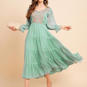 Women's Floral Embroidered Puff Sleeve Chiffon Flared Tiered Kurta Gown Maxi Dress