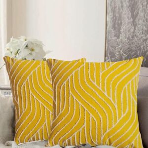 Set of 2 Decorative Cottonthrow/Pillow Cushion Covers with Terry Embroidery.Set for Your Sofa,Living Room (16 X 16 Inches | 40 X 40 Cm, Yellow) (Yellow), 210 TC