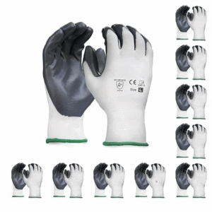 Nitrile Safety Gloves for Men ? Pack of 10 Pairs | Industrial, Construction, Gardening, Farming, Glass & Metal Handling | Cut Resistant Nylon Hand Gloves ? White
