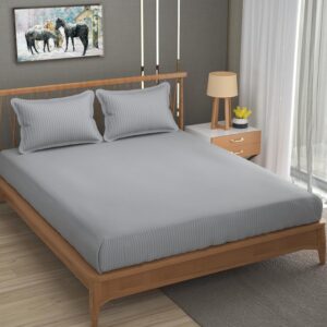 India 160 TC Stripe Glace Cotton Double BedSheet with 2 Pillow Covers - (90x90 inches) - Silver