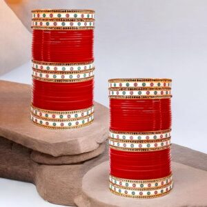 ewellery Bridal Bangle Set Dhanteras/Diwali/Bhai Dooj Collection Wedding Punjabi chuda Designer chura Non-Precious Metal CZ Stone Red Color choora Set for Women (792-M1C1-LEENA-R)