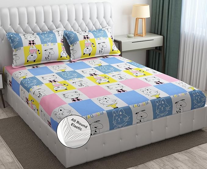 Linen 100% Cotton 78x60 inch Queen Fitted 200TC Satin Stripe Elastic Fitted Bedsheet | Daily Use Double Bed Fitted Bedspread with 2 Pillow Covers (78"x60"| 6.5x5 ft, Copper Rust)