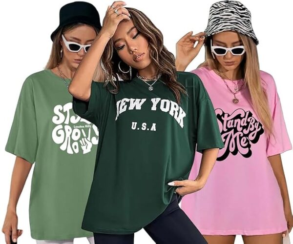 Hills Women's Cotton Oversized Fit Printed Round Neck Oversized T-Shirt | Loose Fit Drop Shoulder T-Shirt Pack of 3