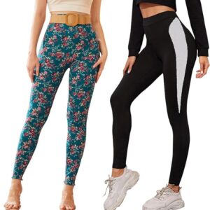 Women's Stretchable Solid Cotton Blend Casual Jegging Combo Pack of 2 |Printed Imported Blend Pants for Women | Active Wear Leggings for Women