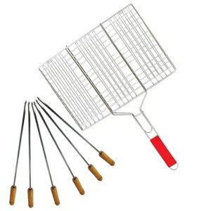 Stainless Steel Portable Barbecue BBQ Grill Net Basket Roast Grilling Tray Plated with Wooden Handle (46.5 x 24 x 2 cm) (1 BBQ Mesh Basket Set + 6 BBQ Skewers Sticks)