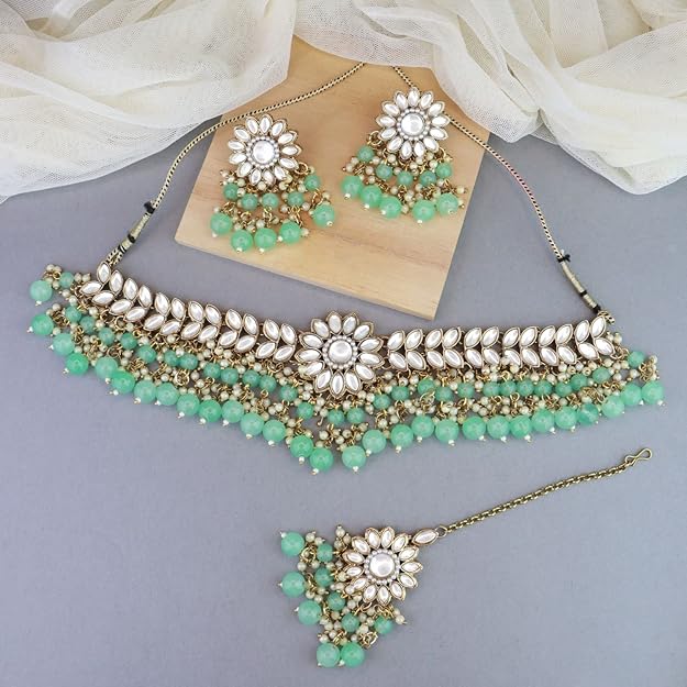 18K Gold Plated Traditional Kundan Studded Pearl Hanging Choker Necklace Jewellery Set With Earrings & Maang Tikka For Women & Girls (K7232)