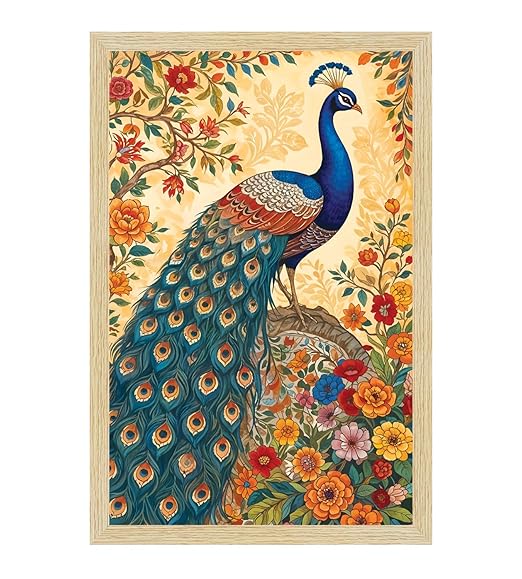 Paper Peacock Painting For Wall Vastu with Frame for Home Decoration, Madhubani Painting for Living Room, 12.0 X 18.0 inches, Set Of 1