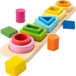 ENTERTAIN KIDS 5 In 1 Shapes Stackerwooden Building Blocks Montessori Toys For 1-3 Year Old, Block Sorting & Stacking Toys For Baby, Educational Shape Color Sorter Preschool Gifts,40 Pcs
