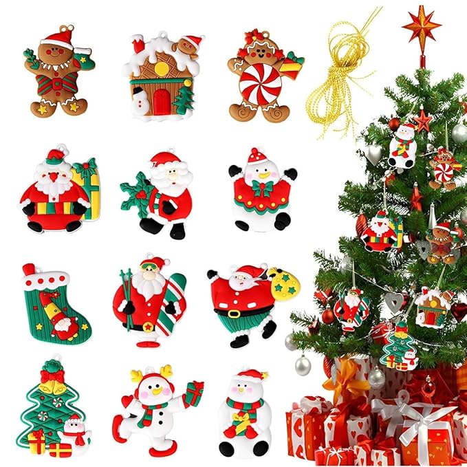 12Pcs Christmas Tree Decoration Items Cute Gingerbread Snowman Santa Christmas Decorations with Rope Hanging Ornaments for Xmas Tree, Home Decor, Door, Wall