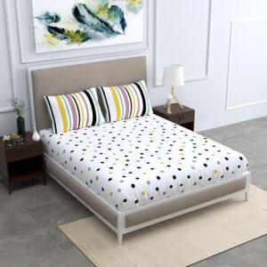 A QUALITY LINEN BRAND 100% Cotton Bedsheet for Double Bed, 1 Double Bedsheet with 2 Pillow Covers | 144 TC Queen Size Double Bedsheet Cotton, Floral (Lemon Drops with Black Polka Dots)