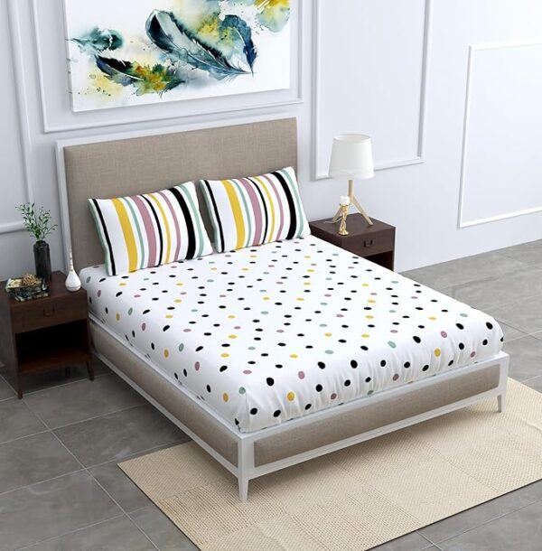 A QUALITY LINEN BRAND 100% Cotton Bedsheet for Double Bed, 1 Double Bedsheet with 2 Pillow Covers | 144 TC Queen Size Double Bedsheet Cotton, Floral (Lemon Drops with Black Polka Dots)