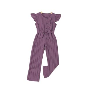 Enterprise Stylish Girls' Pleated Jumpsuit with Ruffle Sleeves, Button-Down Front, and Waist Belt - Comfortable Casual Outfit for Kids