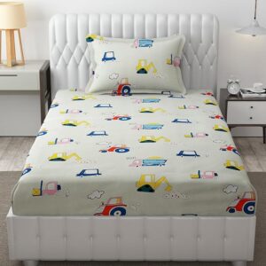 Hypoallergenic Glace Cotton Kids Elastic Fitted Bedsheet,Rotary Printed,Wrinkle Free With 2 Pillow Covers(Size,78 X 72 Inches(Fits Up To 8 Inch),Aqua Pink,Nice Day),Double Bed,300 TC