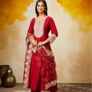 Women's Embroidered Anarkali Kurta Pant Set with Organza Dupatta | Viscose,Rayon | A-line fit