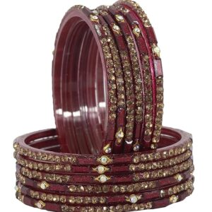 Glass Bangles Set For Women and Girls with Golden Zircon Stone & Beads | Fancy Women's Glass Chudi | Diamond Bangles | Women's Fashion Jewellery