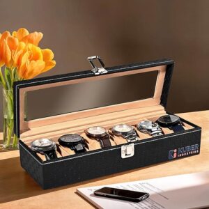 Premium Faux Leather See Through 6 Slots Wrist Watch Organiser Box for Men & Women | Watch Storage Box Organizer | Watch Collection Box/Case/Holder | Black & Golden