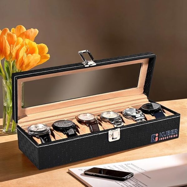 Premium Faux Leather See Through 6 Slots Wrist Watch Organiser Box for Men & Women | Watch Storage Box Organizer | Watch Collection Box/Case/Holder | Black & Golden