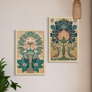 Paper Madhubani Art Paintings with Frame for Home Decor, Wall Painting for Living Room, Multicolor, Natural Wood Color Frames, Set of 2