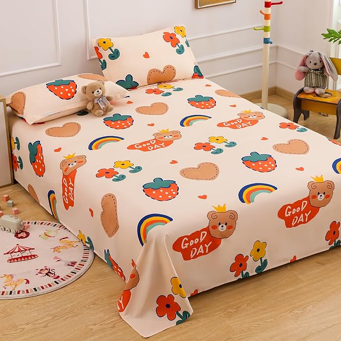 Kids Double Bed Bedsheet Set ? 180 TC Cotton Blend, Teddy Bear Design in Cream & Orange ? 225 x 250 cm with 2 Pillow Covers ? Soft Bedding for Boys & Girls | Kids Bed Sheet for Double