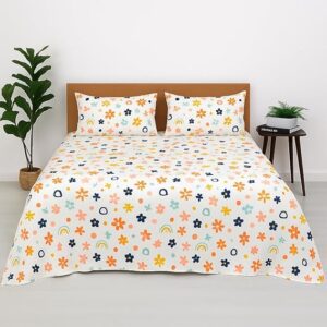 Glace Cotton Wrinkle Free Soft Hypoallergenic Bed Sheet | Cartoon Printed | Single Bedsheet With One Pillow Cover Kids Bedsheet For Boys & Girls Room (60X90 Inches/Cream), 144 TC