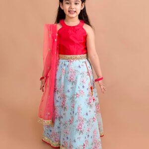 Girls Polyester Red Blue Floral Readymade Lehenga Choli Set