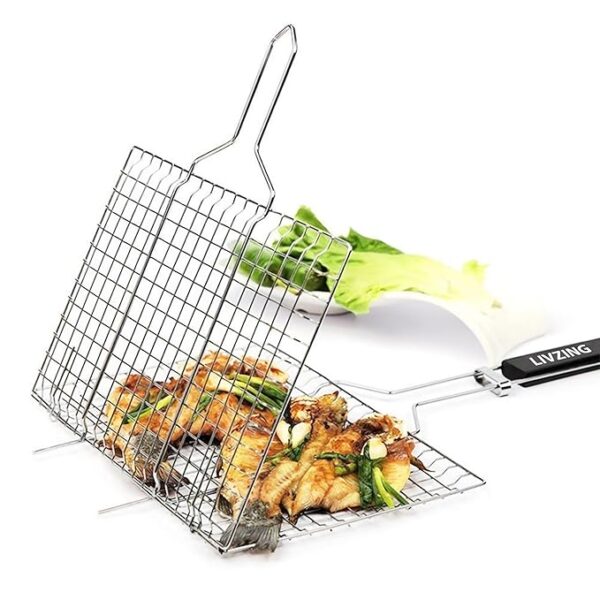 Portable Barbecue Grill Foldable BBQ Basket Non Stick Iron Grilling Net Basket Roast Grilling-Powder Coated with Wooden Handle-Grilling Fish Steak Seafood-Outdoor Kitchen Tool