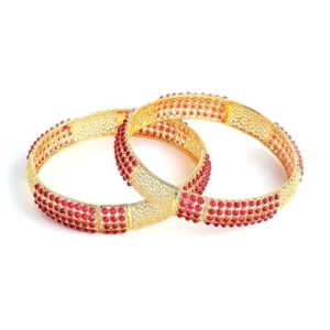 Antique Golden Pota Stone Studded Handmade Bangle Set Jewellery For Women & Girls (Red, 2.8)