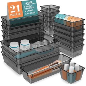 21-Piece Acrylic Drawer Organizer Tray Set ? Multipurpose Clear Plastic Storage Bins for Makeup, Cosmetics, Jewelry, Kitchen, Office, Bathroom & Dressing Table Drawer Organizer (Black)