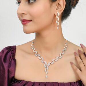 Jewels American Diamond CZ Rose Gold Plated Designer Jewellery Set/Necklace Set with Chain & Earring for Girls/Women (RV3382RG)