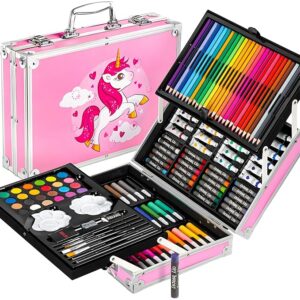 145 Pieces Art Set for Kids with Unicorn Theme Storage Case, Art and Craft Supplies Kit for Drawing and Painting with Oil Pastel, Water Color, Color Pencils, Sketch Pen (Pack of 1, Pink)