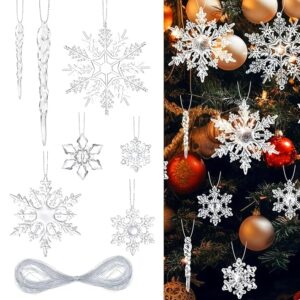 35Pcs Christmas Tree Decoration Items Small Transparent Crystal Acrylic Christmas Decor Snowflake Icicle Hanging Christmas Ornaments for Xmas Tree, Home, Door, Window